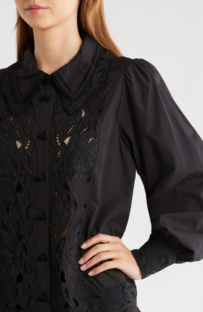 FARM Rio Embroidered Eyelet Puff Sleeve Button-Up Shirt, Alternate, color, Black