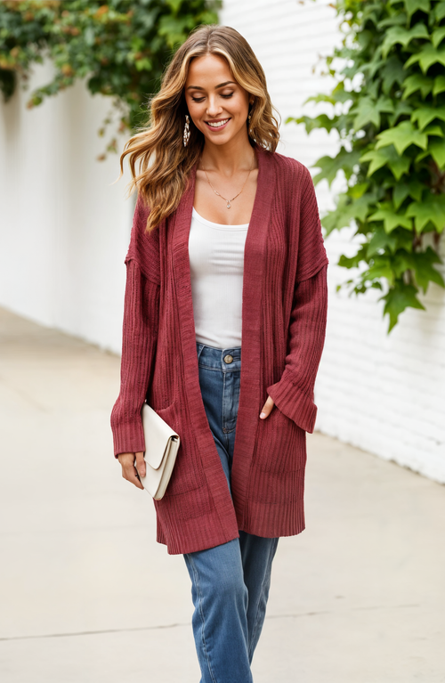Knit & Lounge Knit And Lounge Ribbed Open-front Cardigan With Pockets And Relaxed Fit In Dark Red