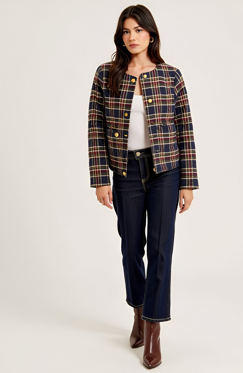Modenaire Plaid Cropped Gold Button Closure Patch Pocket Jacket, Alternate, color, Navy Plaid