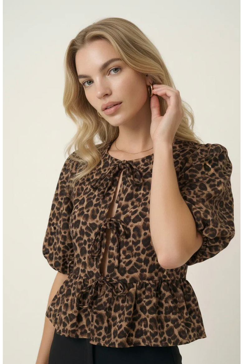 Peplum Top With Front Tie Closures And Short Puff Sleeves, Alternate, color, Leopard Print