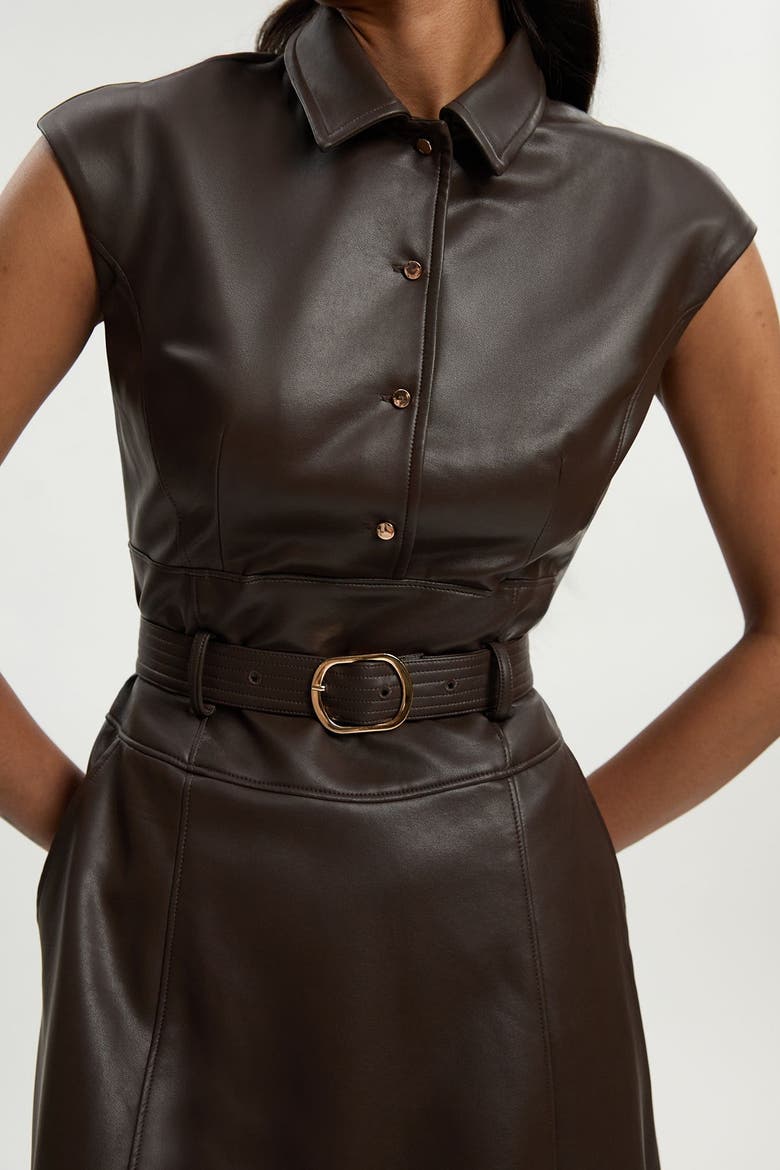 Faux Leather Belted Midi Dress, Alternate, color, Chocolate