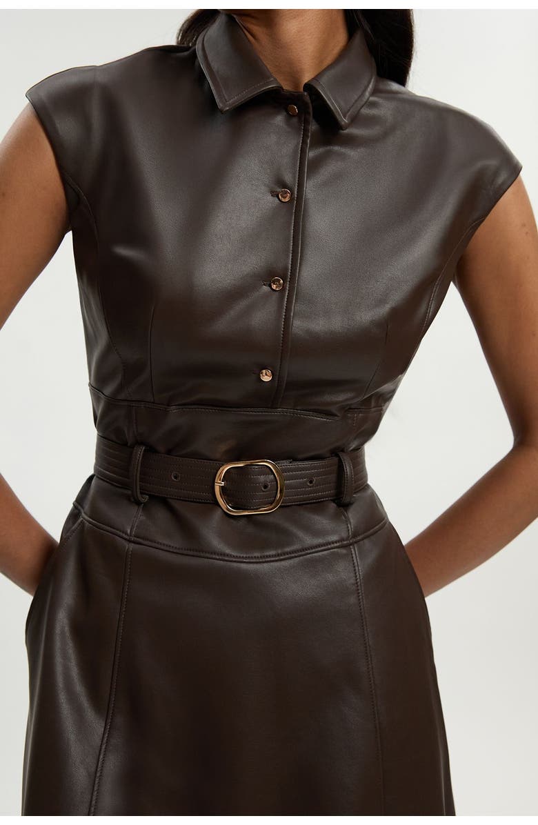 Karen Millen Faux Leather Belted Midi Dress, Alternate, color, Chocolate
