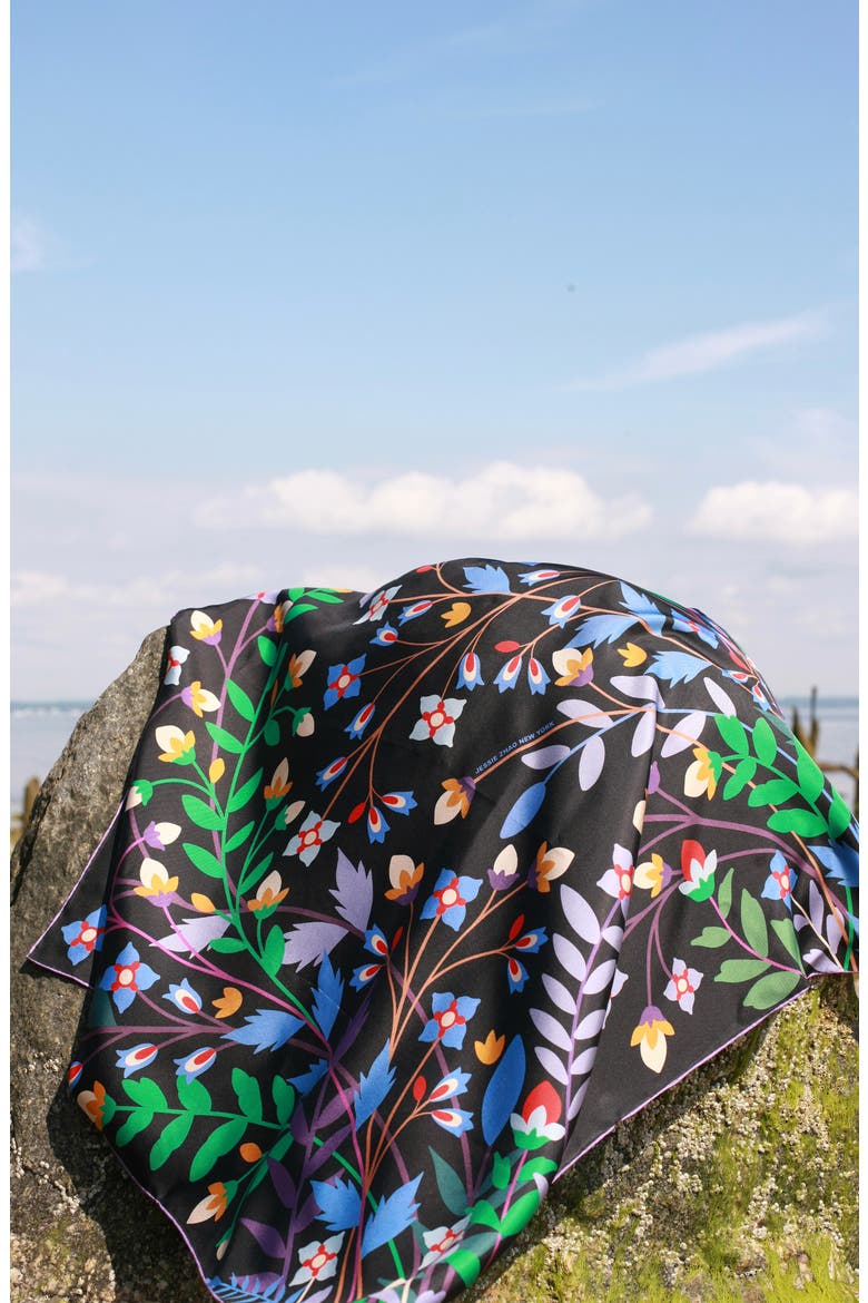 Double Sided Silk Scarf Of Night Garden, Alternate, color, Black