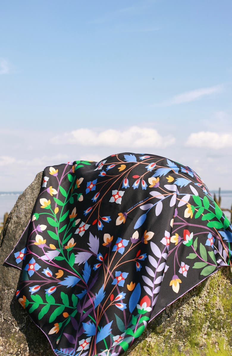 Jessie Zhao New York Double Sided Silk Scarf Of Night Garden, Alternate, color, Black