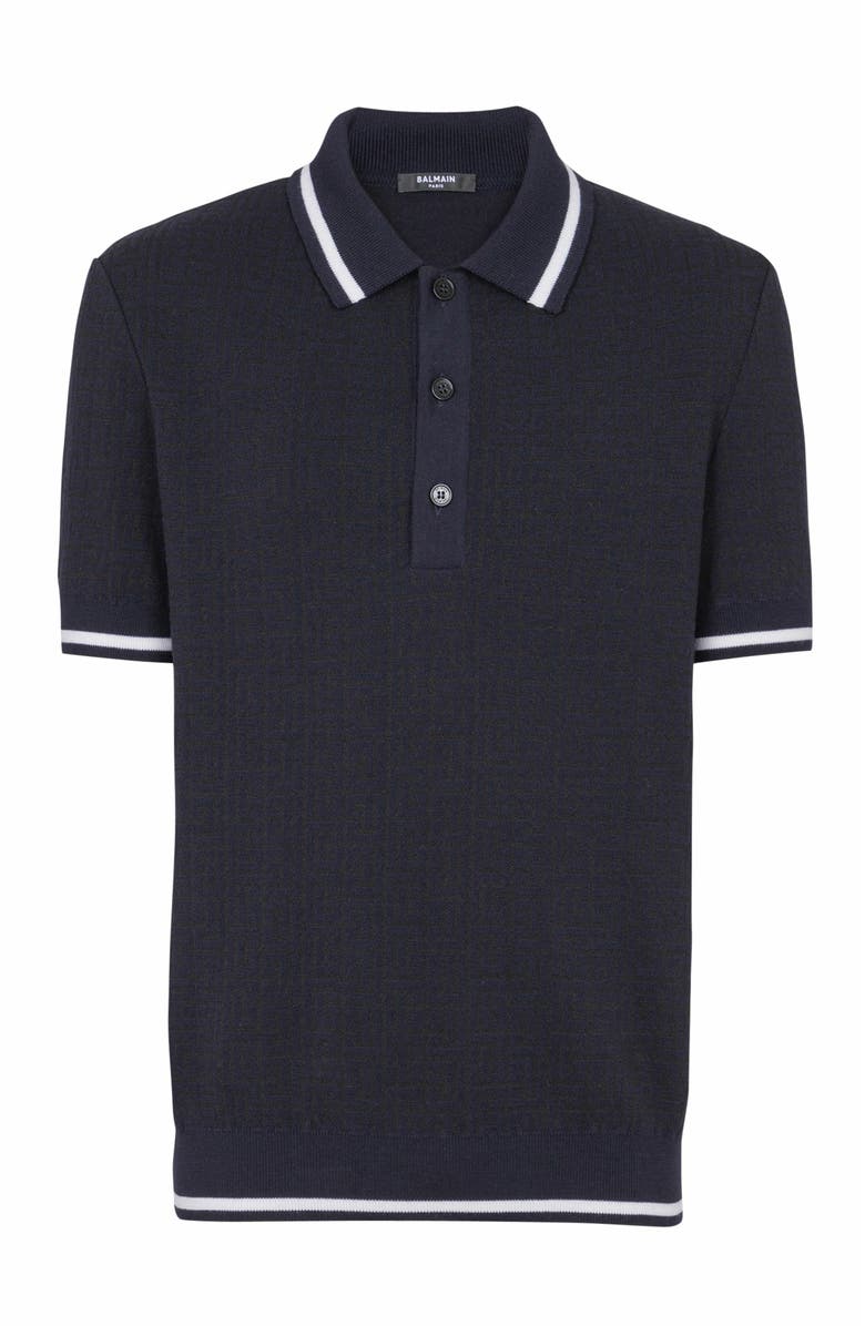 Balmain Monogrammed Merino Wool Polo Shirt, Alternate, color, Navy