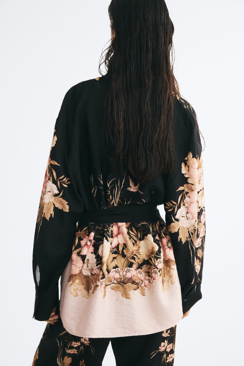 Viscose-Blend Tie-Belt Jacket, Alternate, color, Black/floral