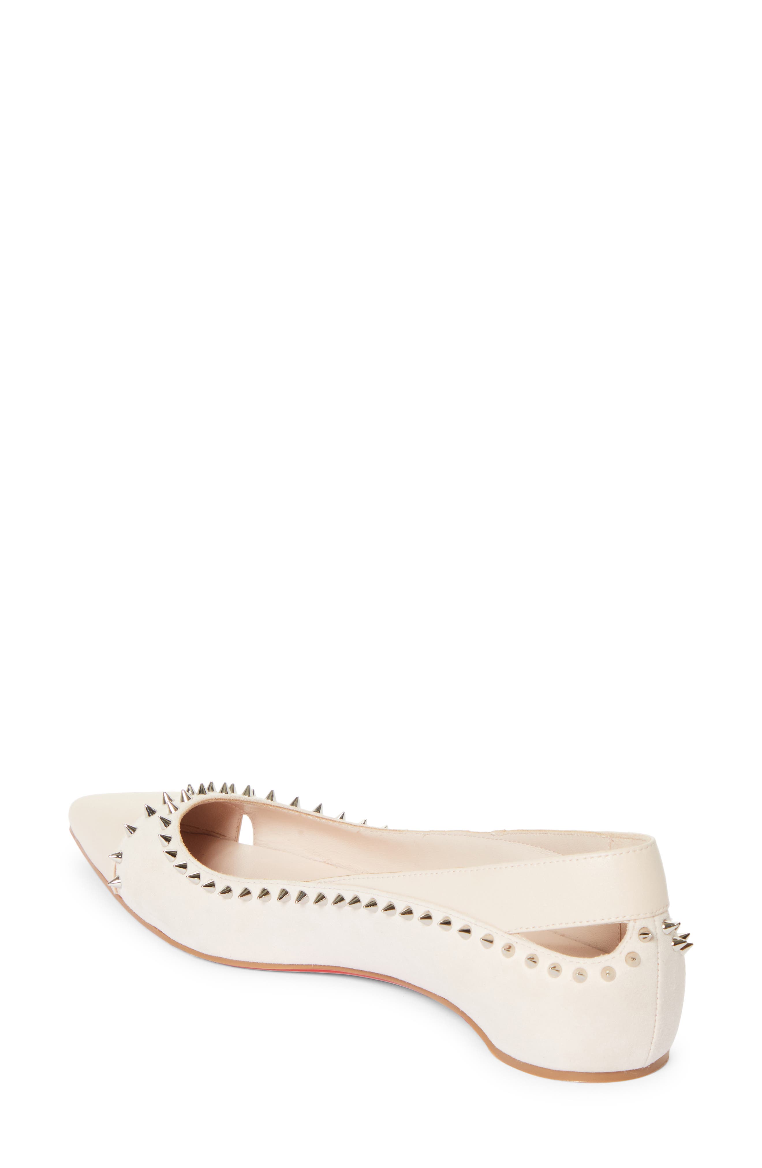 Christian Louboutin Duvettina Spikes Pointed Toe Ballet Flat, Alternate, color, F608 Leche/ Lin Leche
