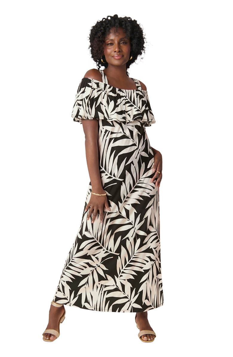 Jessica London Cold Shoulder A-Line Maxi Dress, Main, color, Black White Palm