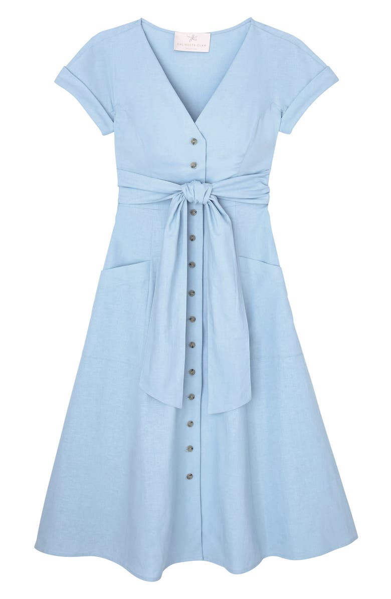 Gal Meets Glam Collection Vanessa Button Front Linen Blend Midi Dress, Alternate, color, 