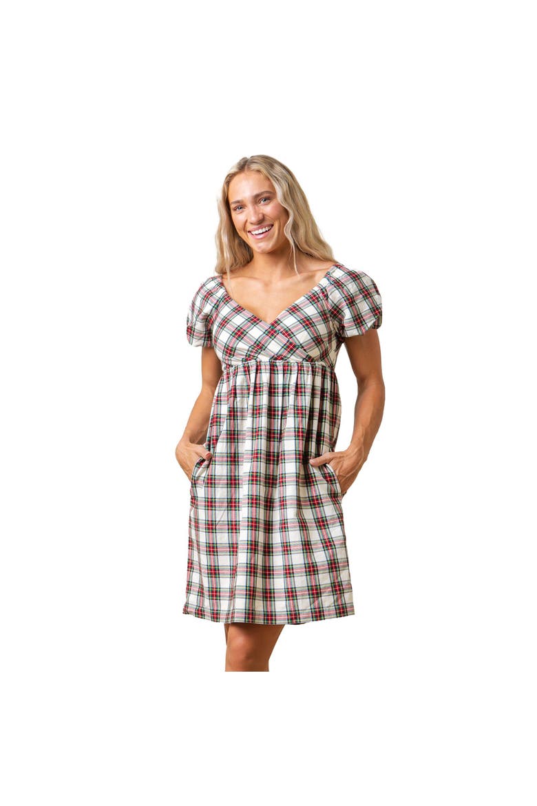 Women's Organic Puff Sleeve Crossover Dress, Alternate, color, Ivory Holiday Tartan
