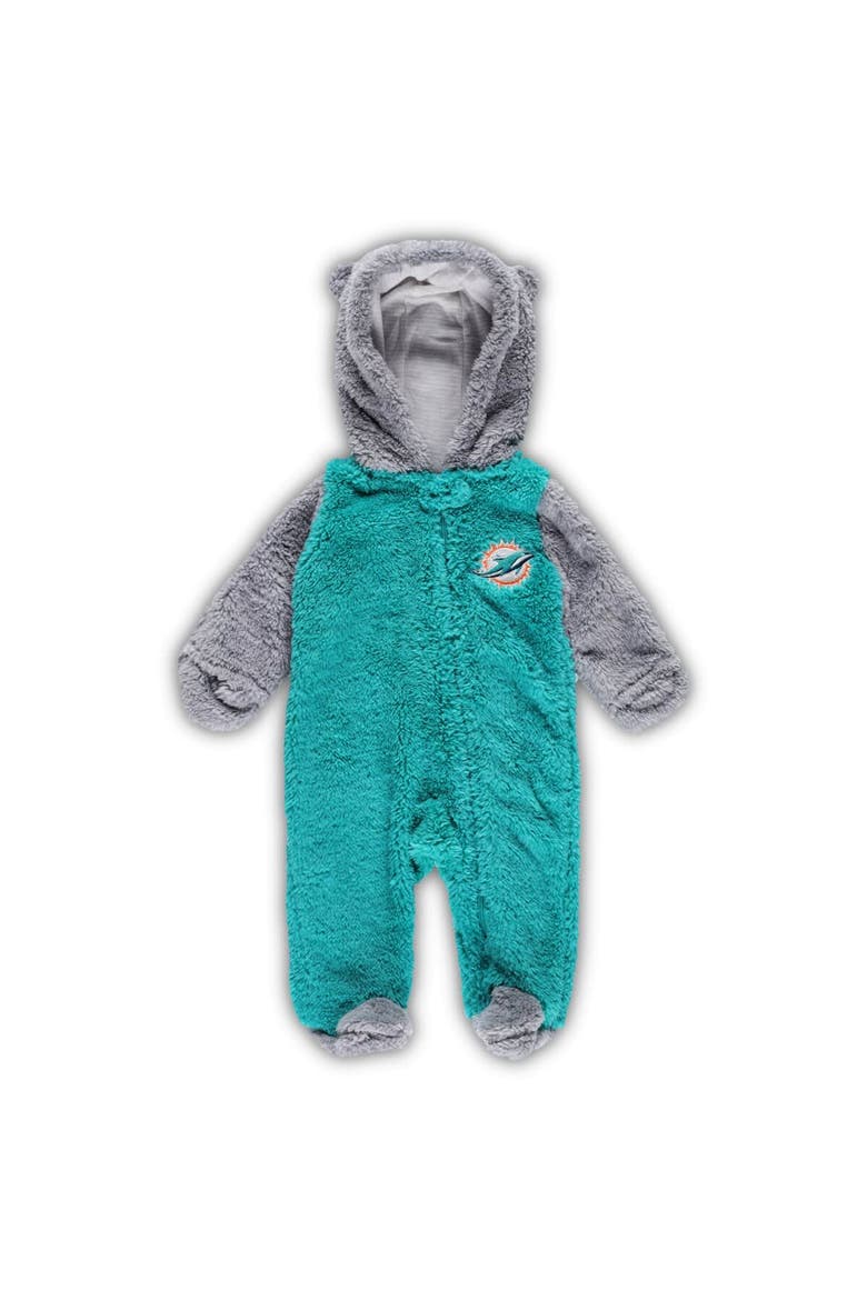 Newborn & Infant Aqua/Gray Miami Dolphins Game Nap Teddy Fleece Bunting Full-Zip Sleeper, Alternate, color, Aqua