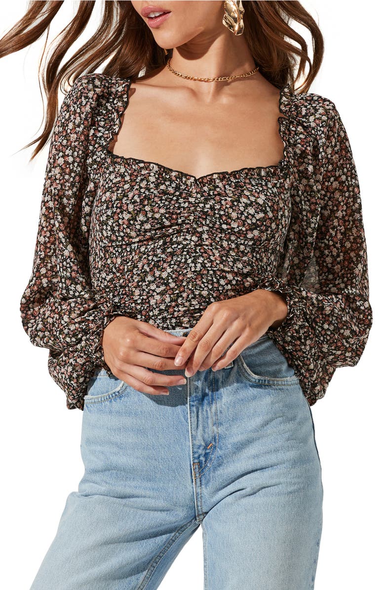 ASTR the Label Floral Ruched Sweetheart Neck Top, Main, color,