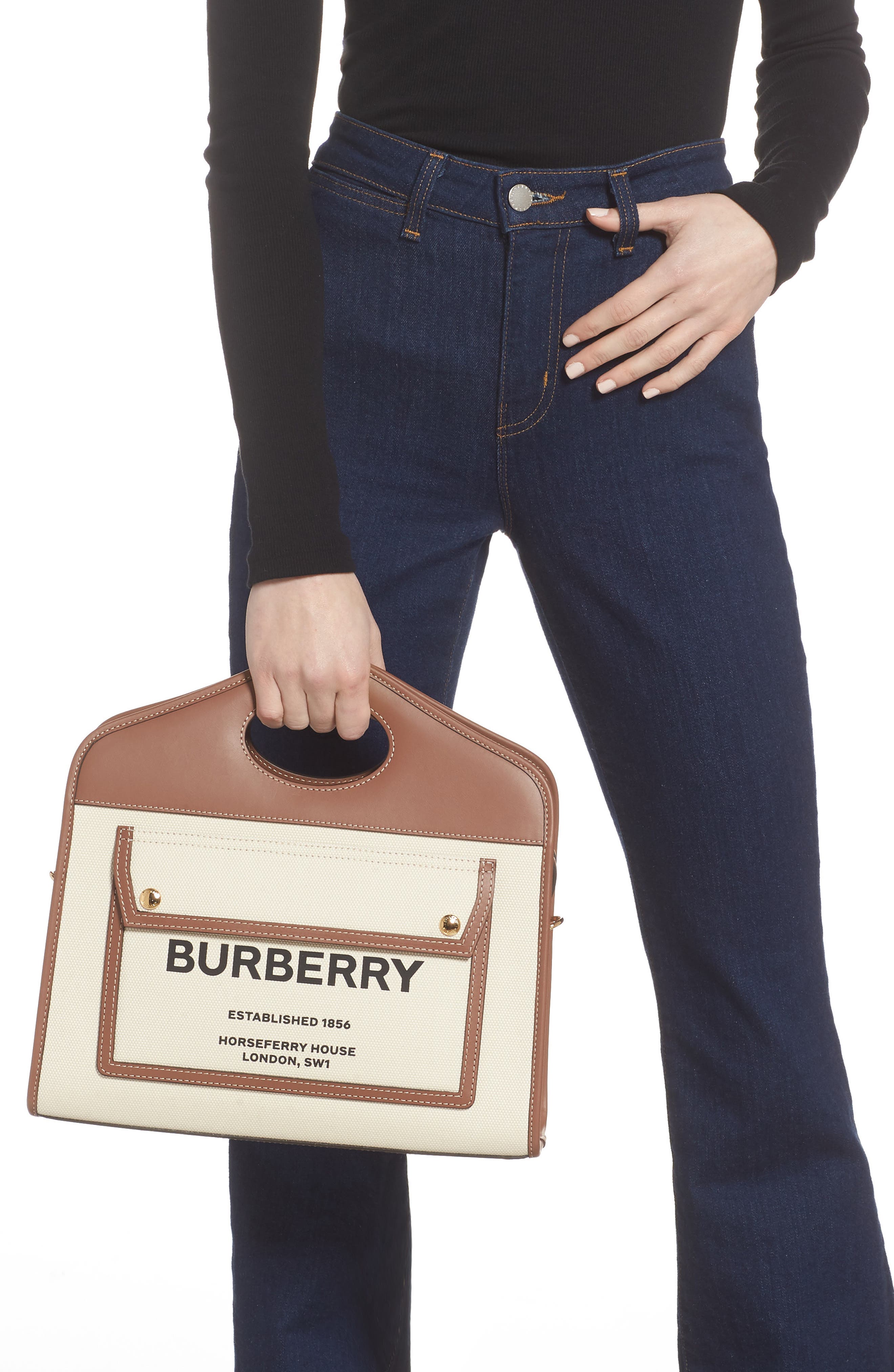 Burberry Small Two-Tone Canvas & Leather Pocket Bag, Alternate, color, 