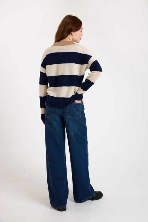 Brodie Pure Cashmere Ruby Rugby Long Sleeve Polo Jumper In Blue