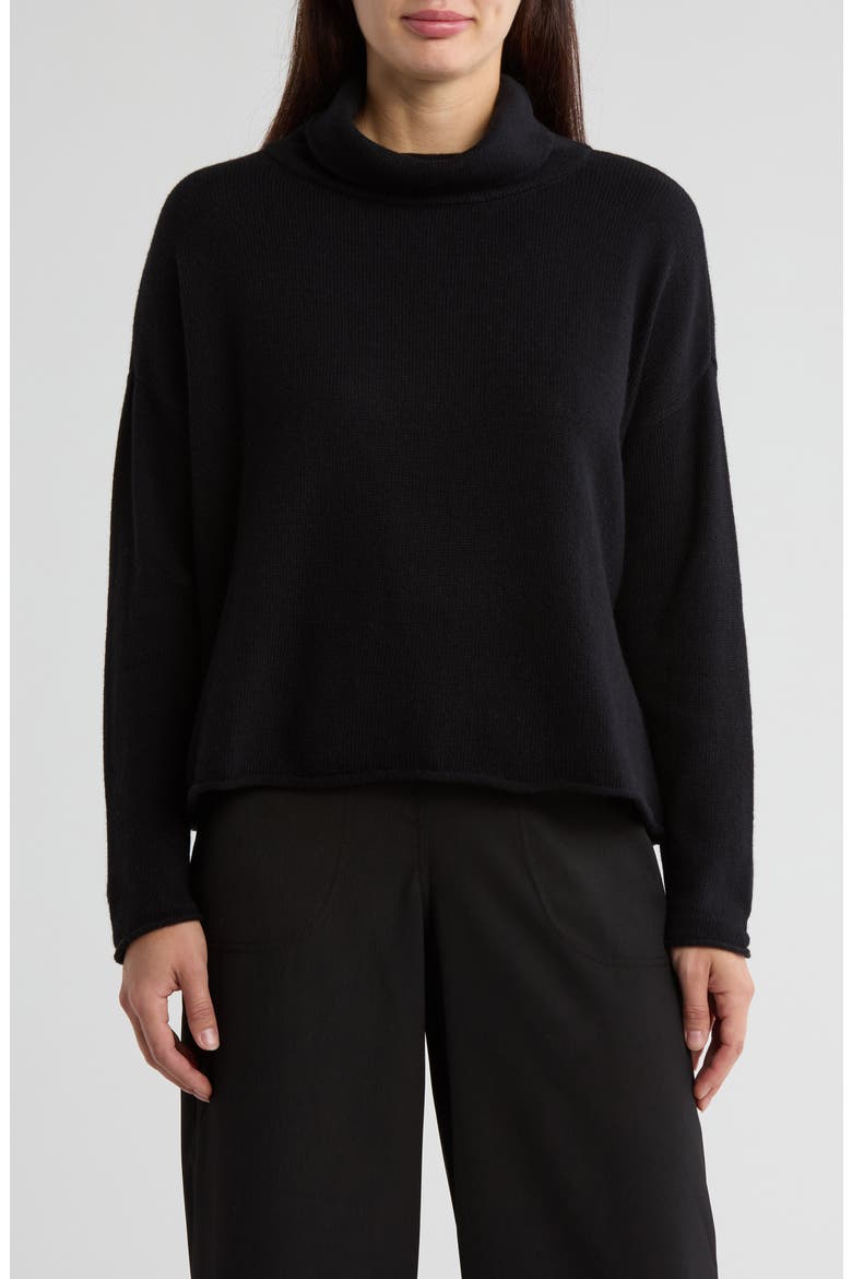 Boxy Organic Cotton & Recycled Cashmere Turtleneck Sweater, Main, color, BLACK