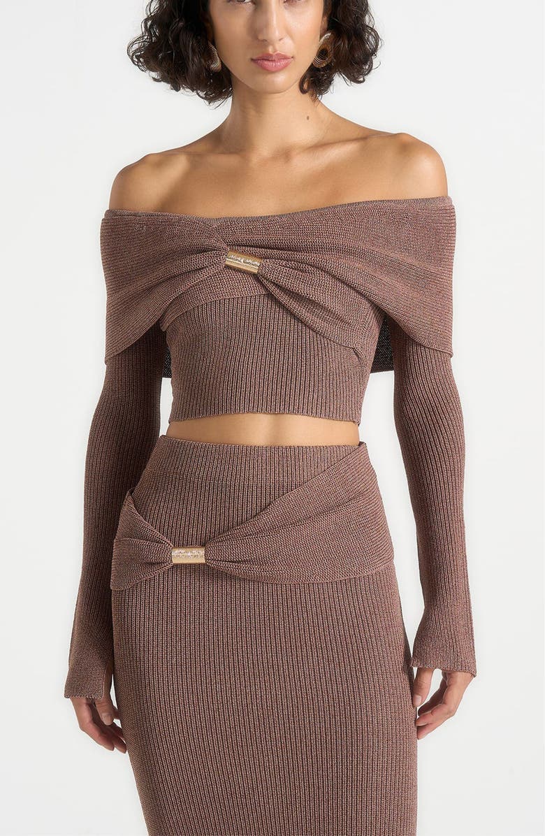 Manière De Voir Shana Asymmetric Bardot Top With Hardware Detail, Alternate, color, Taupe