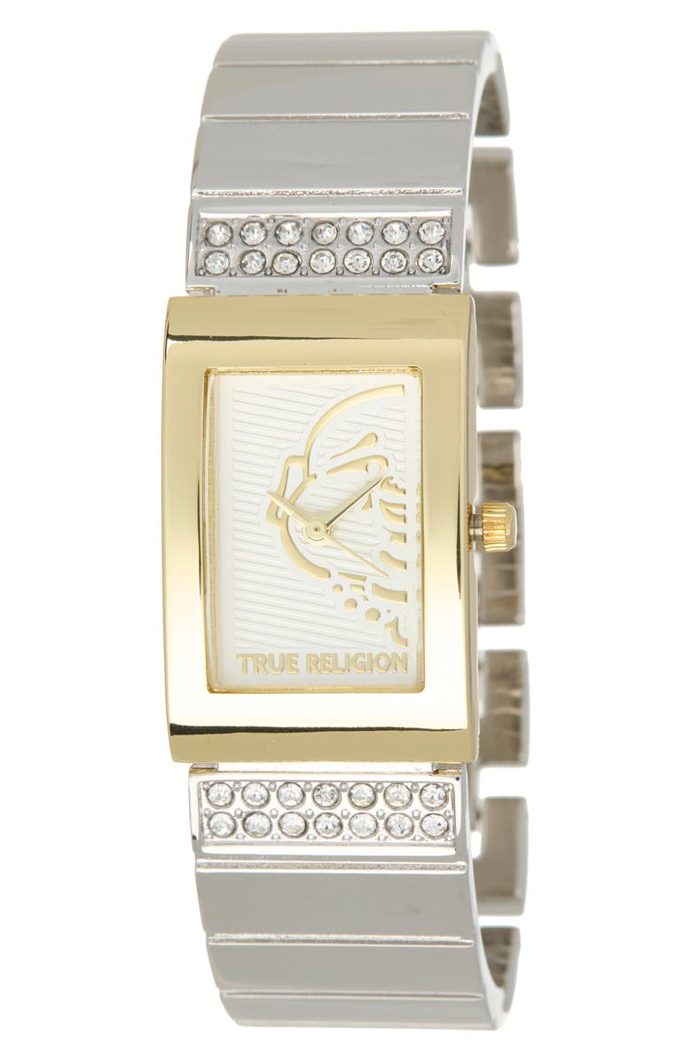 True Religion Buddha Face Square Bracelet Watch, 22mm, Main, color, White/ Two Tone