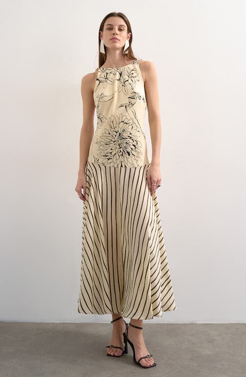 Beaded Strap Mixed Print Maxi Dress