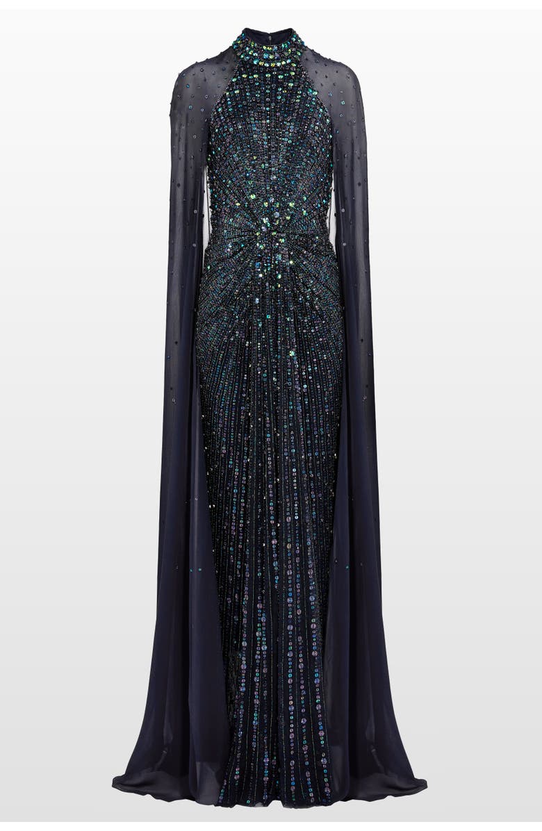 Jenny Packham Thea Embellished Cape Maxi Dress, Main, color, Ink
