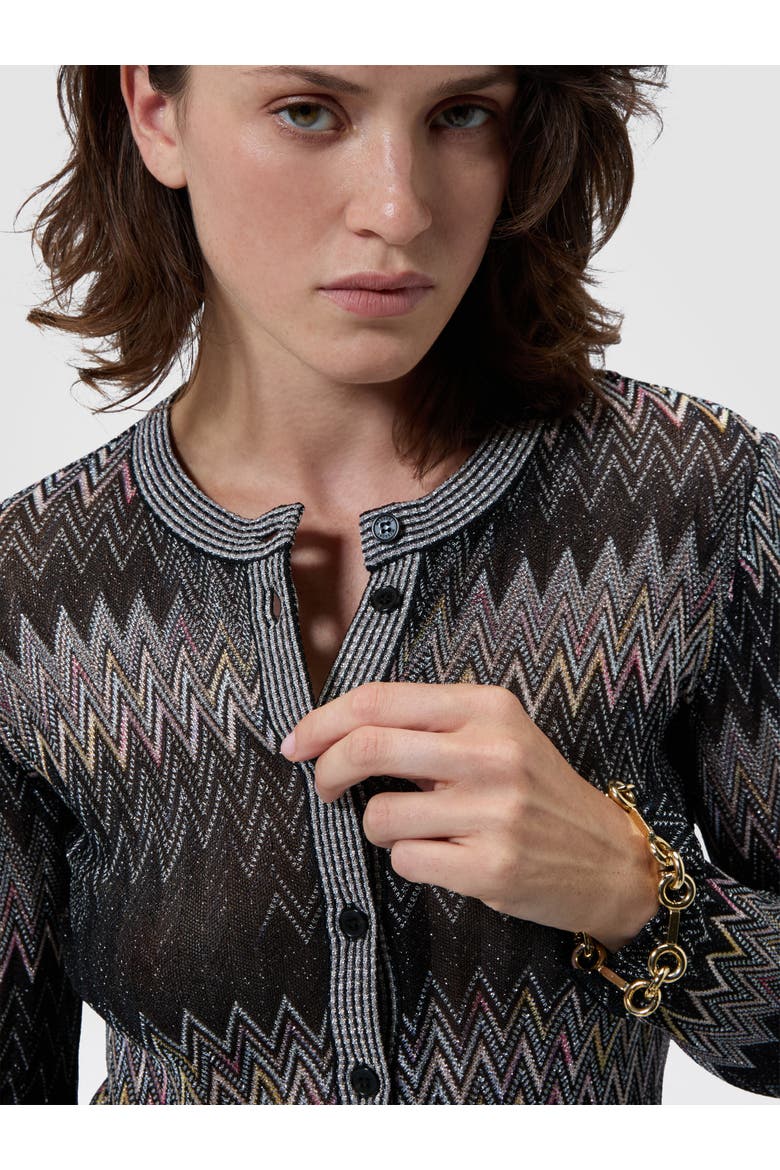 Viscose Lamé Chevron Crewneck Cardigan, Alternate, color, Black