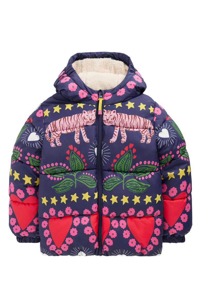 Mini Boden Kids' Padded Hooded Coat, Main, color, Navy Tiger Stripe
