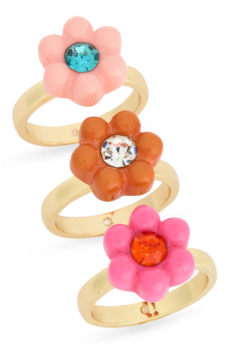 Set of 3 Crystal & Resin Flower Rings, Main, color, PINK MULTI- GOLD