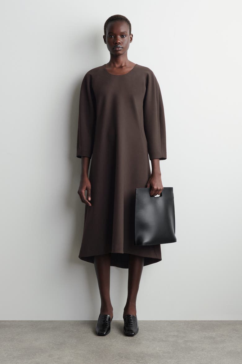 Sculpted Long-Sleeved Midi Dress, Main, color, BROWN