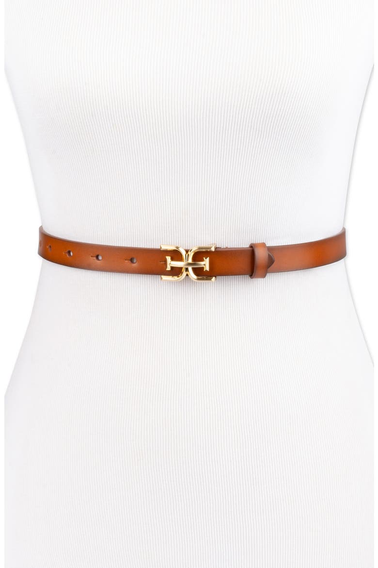 Double E Logo Slim Leather Belt, Alternate, color, TAN