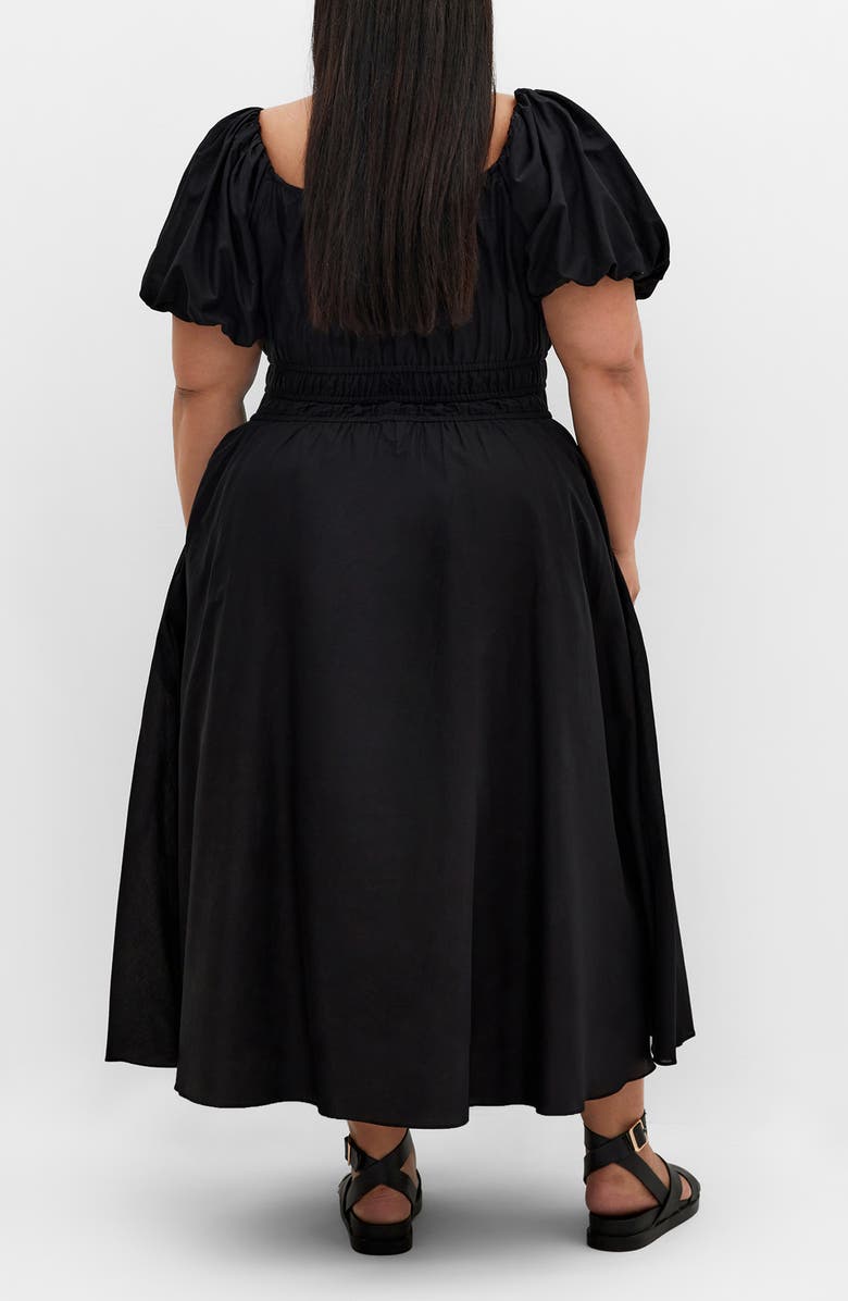 City Chic Lillian Puff Sleeve Cotton Midi Dress, Alternate, color, Black