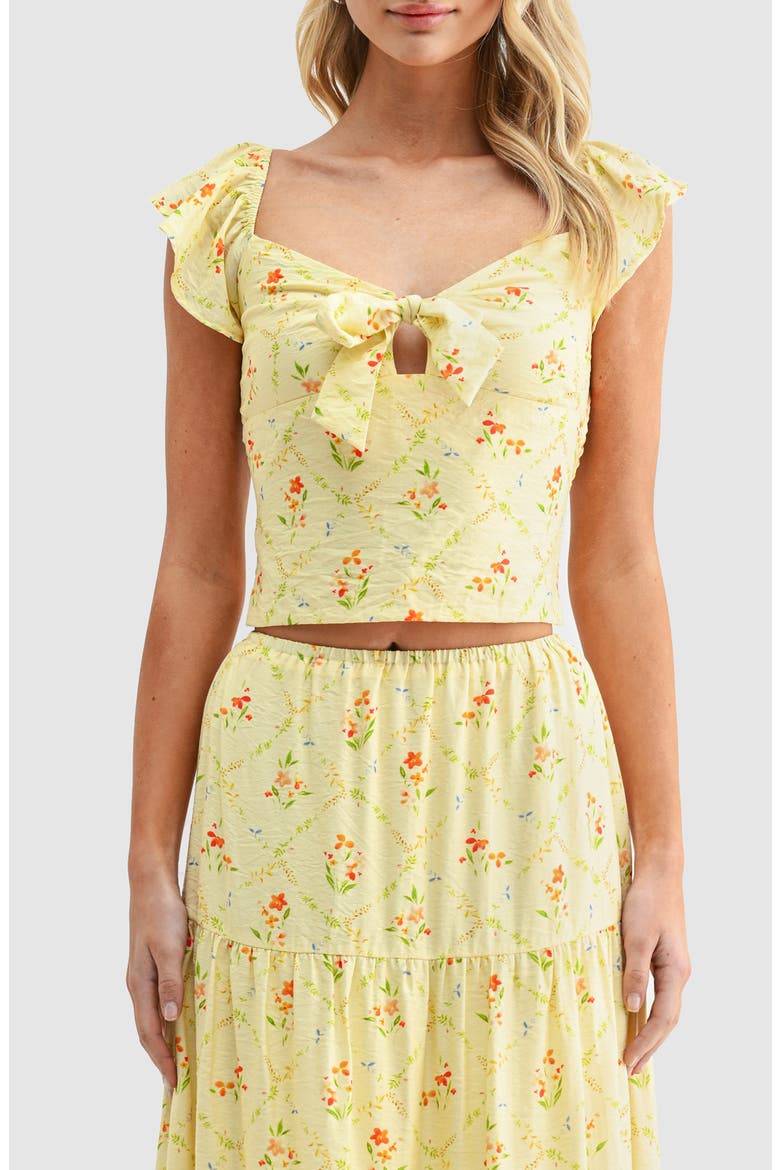 Flutter Sleeve Tie Front Crop Top, Main, color, YELLOW MULTI