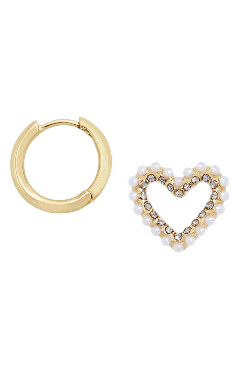 AllSaints Crystal & Faux Pearl Heart Drop Huggie Hoop Earrings, Alternate, color, 