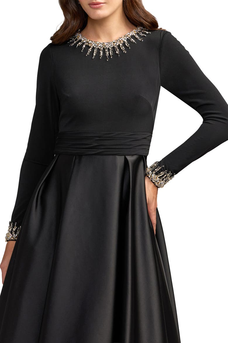 Embellished Long-Sleeve Satin Ball Gown, Alternate, color, Black