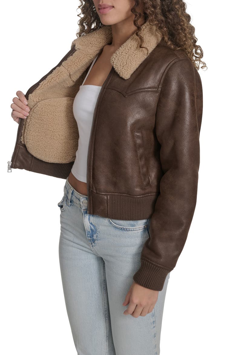 Faux Shearling Trim Faux Leather Western Bomber Jacket, Alternate, color, COFFEE
