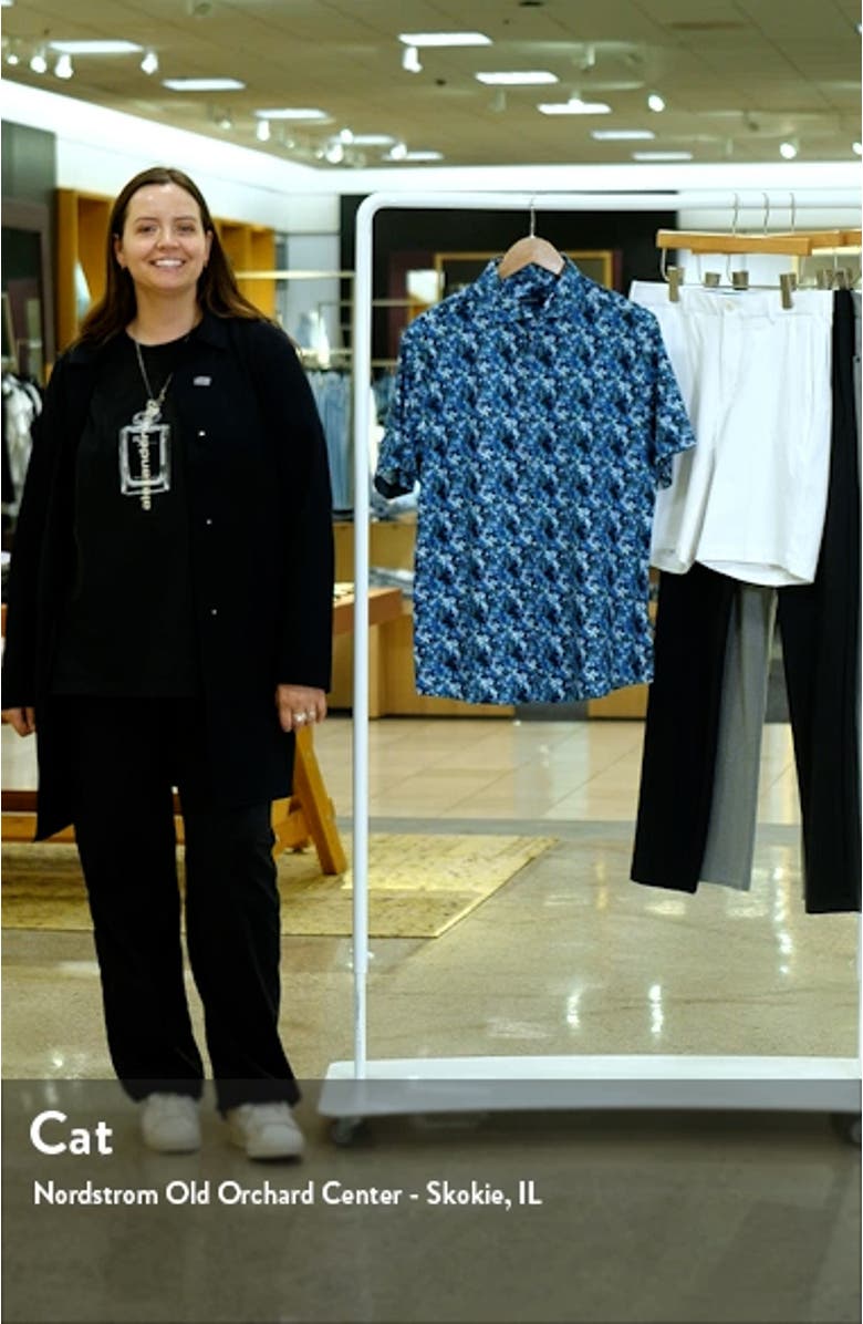 Floral Butterfly Print Short Sleeve Stretch Button-Up Shirt, sales video thumbnail