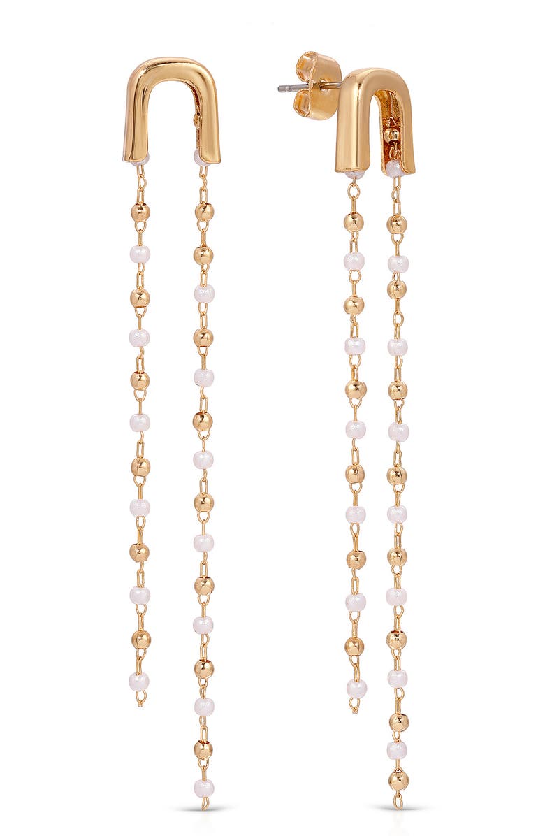 Ettika Imitation Pearl Linear Drop Earrings, Main, color, Gold