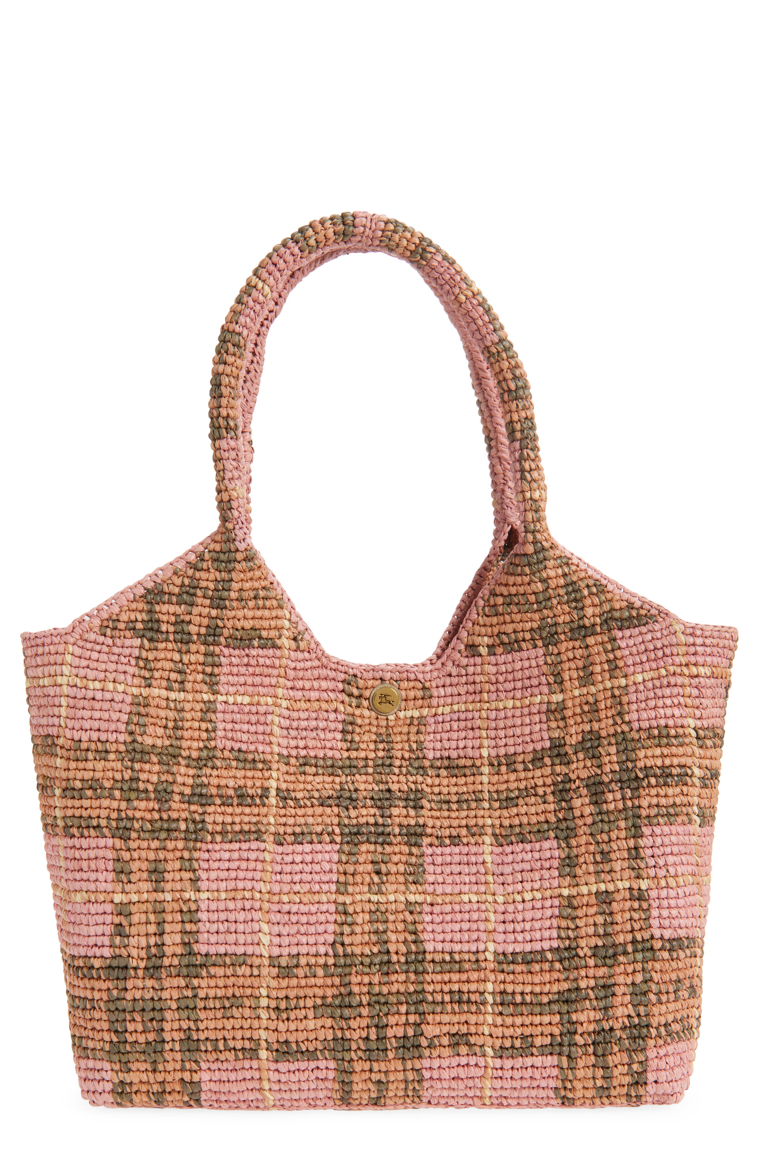 Burberry Small Margate Check Raffia Tote, Main, color, Pink Ip Check