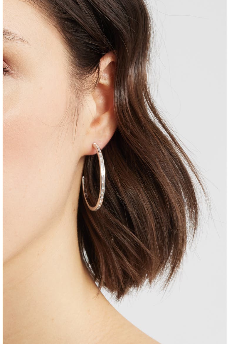 Baguette Cubic Zirconia Inside Out Hoop Earrings, Alternate, color, CLEAR- SILVER