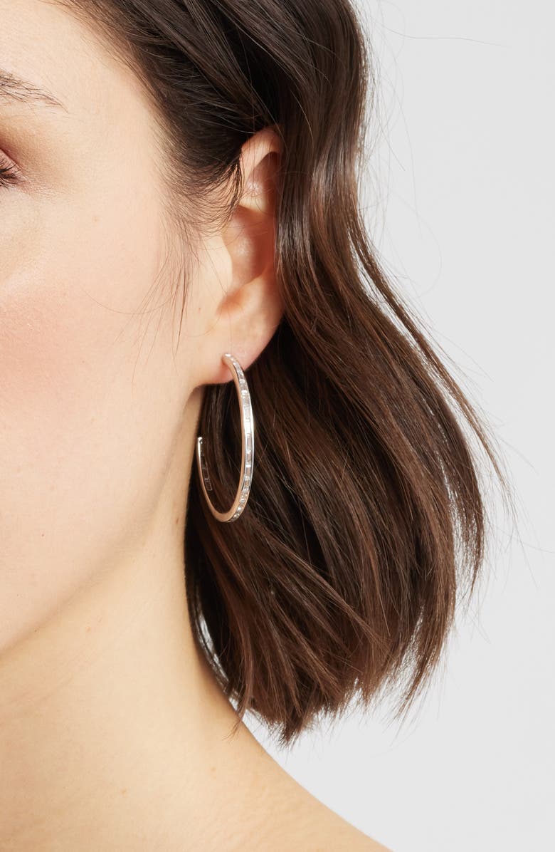 Nordstrom Baguette Cubic Zirconia Inside Out Hoop Earrings, Alternate, color, Clear- Silver