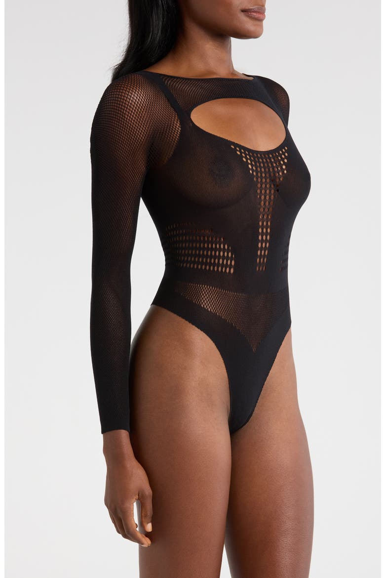 Pretty Long Sleeve Hosiery Thong Teddy, Alternate, color, BLACK