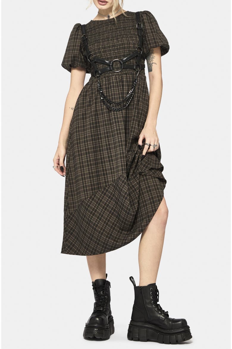 Rhiannon Check Shirred Bodice Midi Dress, Main, color, Brown