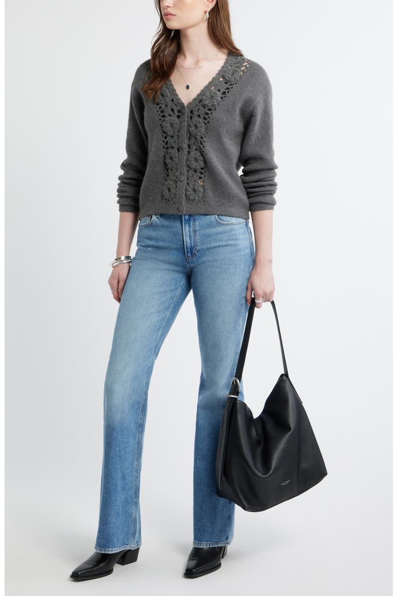 Floral Trim Cardigan, Alternate, color, GREY MED CHAR HTHR