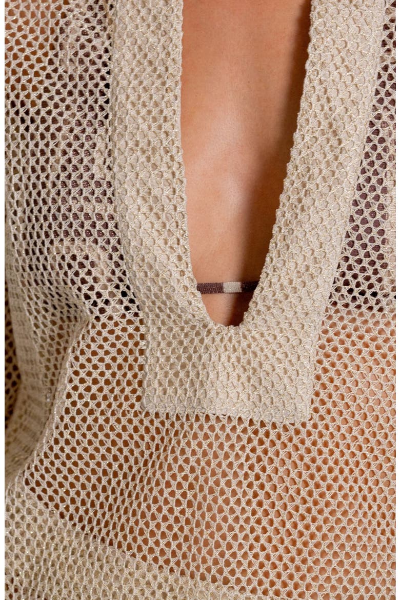 Metallic Long Sleeve Sheer Open Stitch Cover-Up Minidress, Alternate, color, VANILLA CUSTARD