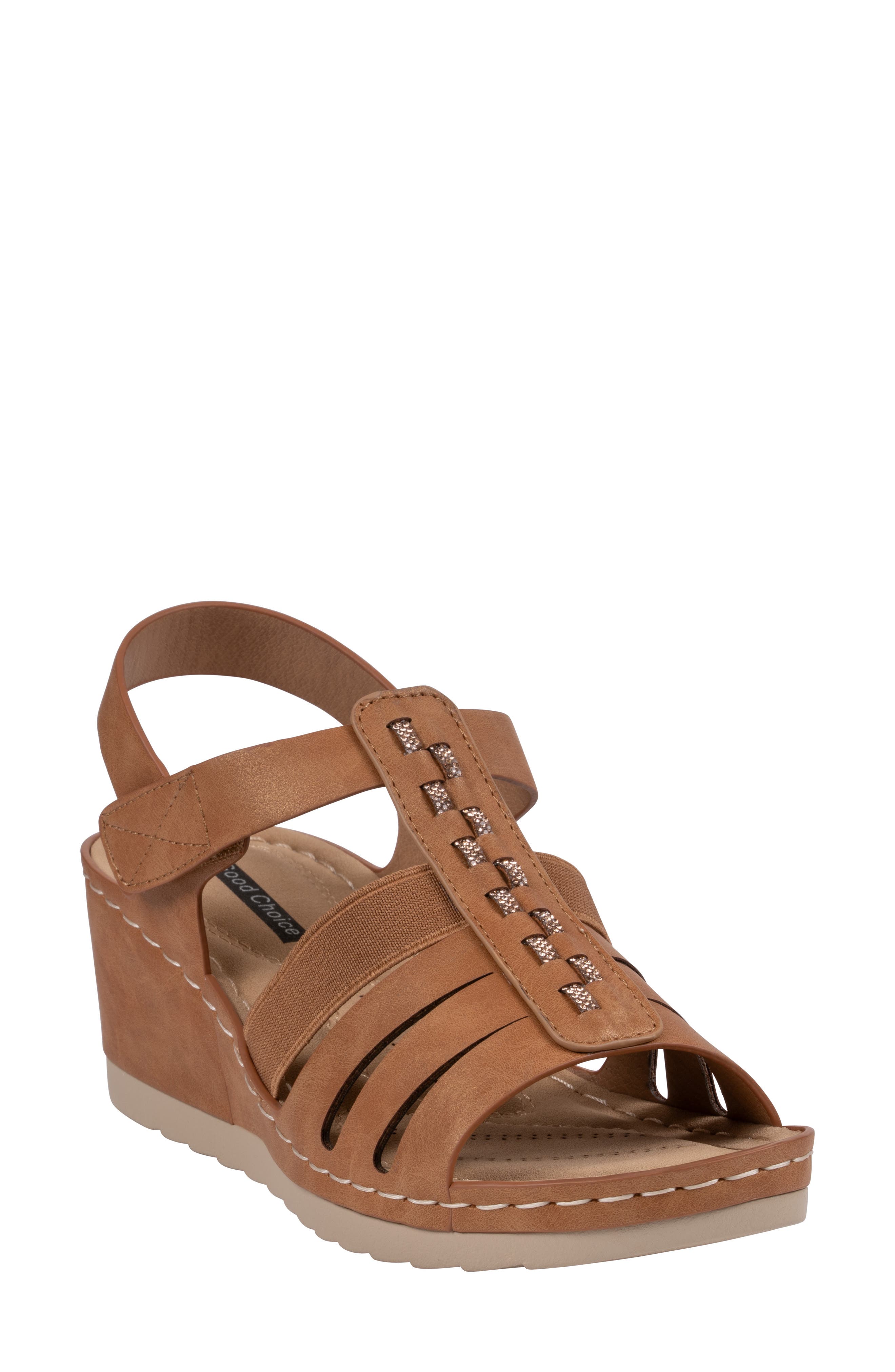 GOOD CHOICE NEW YORK Yuna Ankle Strap Wedge Sandal, Main, color, Tan