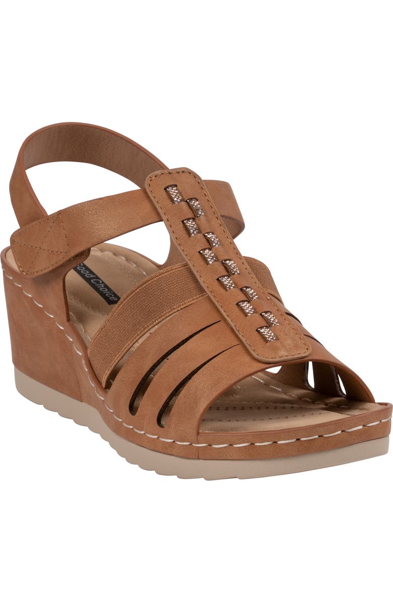 GOOD CHOICE NEW YORK Yuna Ankle Strap Wedge Sandal, Main, color, Tan