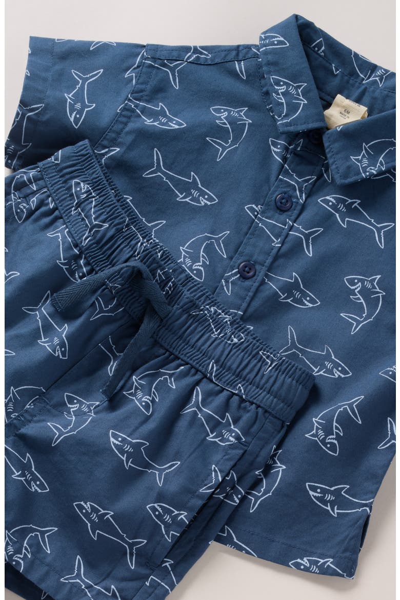 Print Short Sleeve Button-Up Shirt & Shorts Set, Alternate, color, NAVY DENIM HAPPY SHARKS