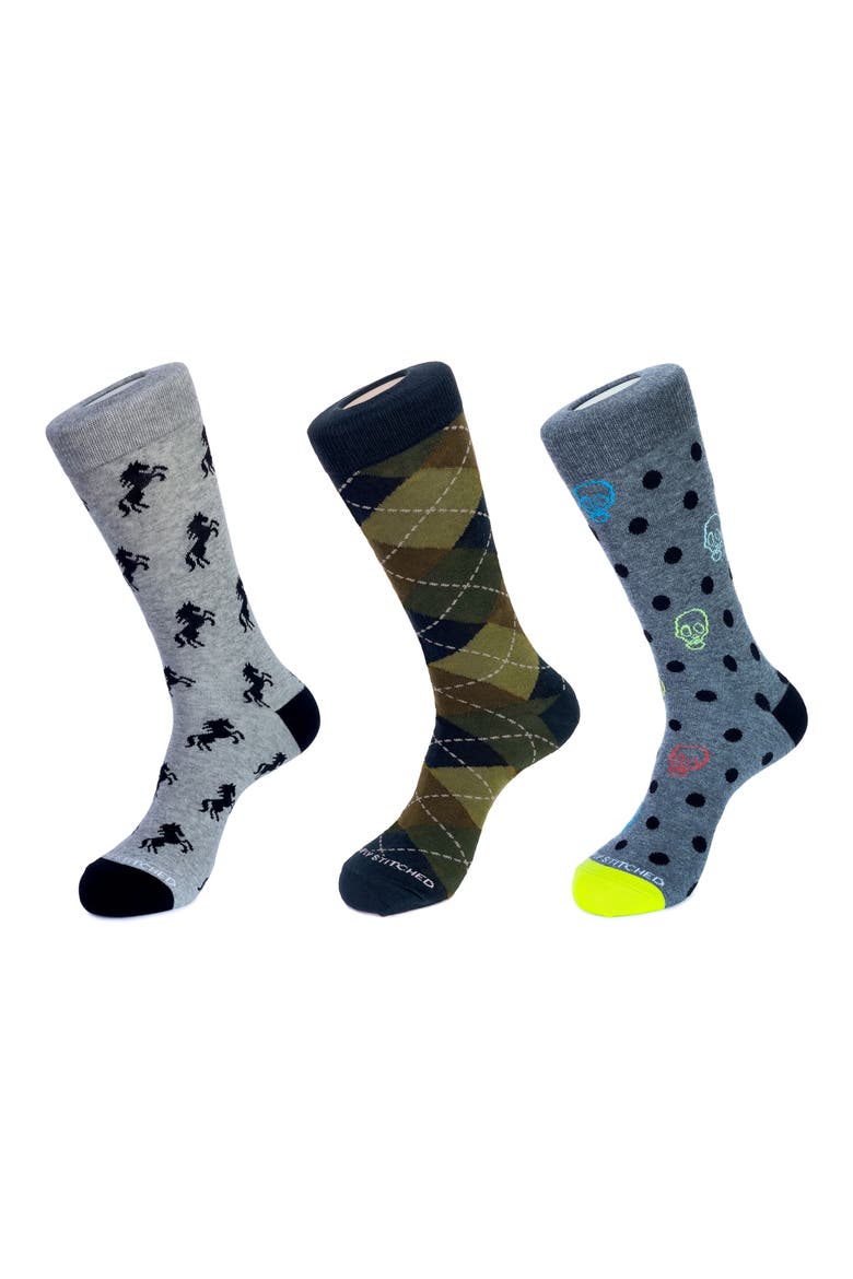 3-Pack Assorted Crew Socks, Main, color, GREY GREEN
