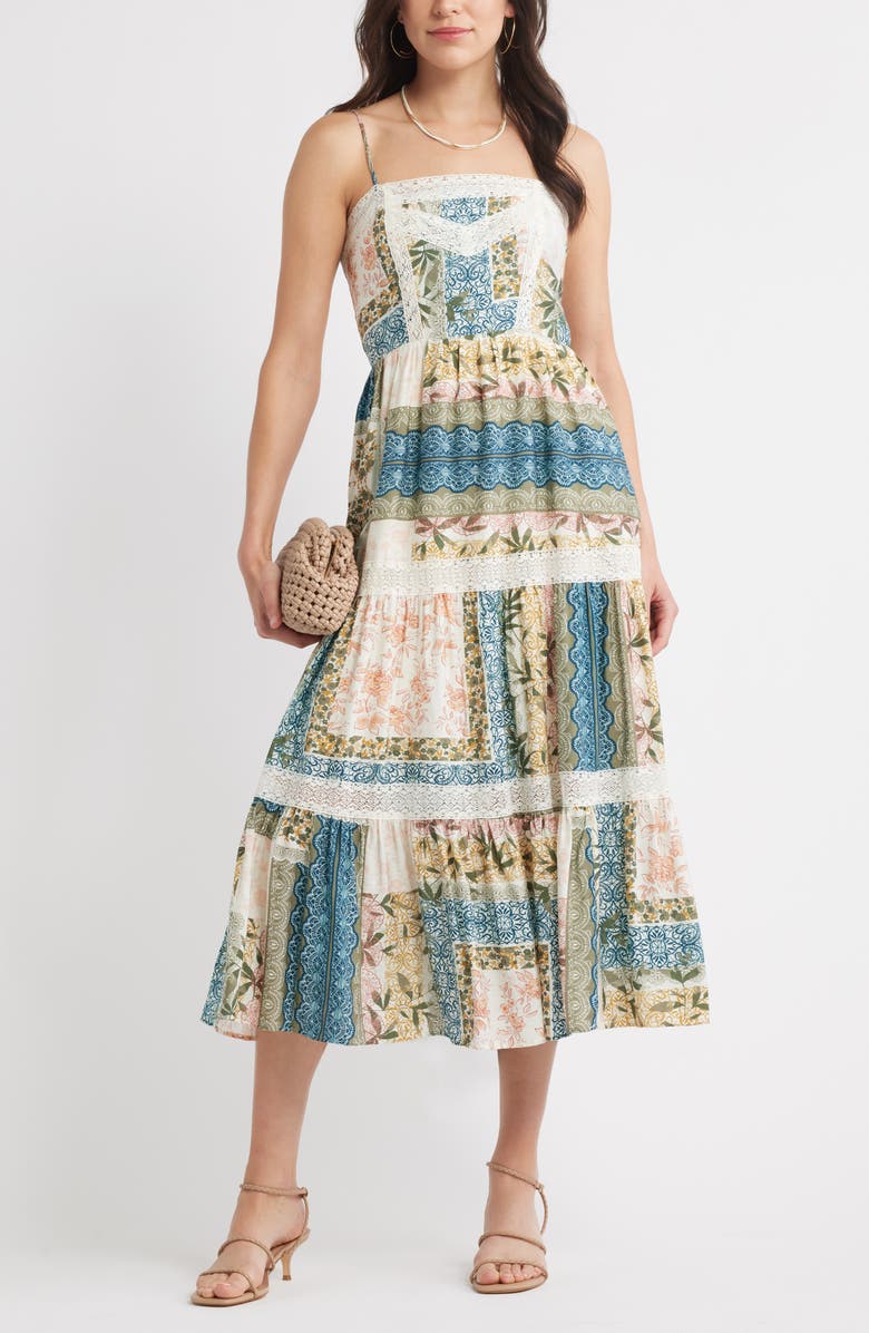 Chelsea28 Lace Inset Patchwork Midi Dress, Alternate, color, Blue Print Mix