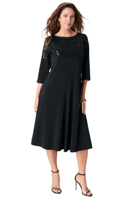 Plus Size 3/4 Sleeve Embellished Boatneck Dress