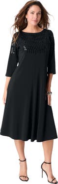 Roaman's Plus Size 3/4 Sleeve Embellished Boatneck Dress