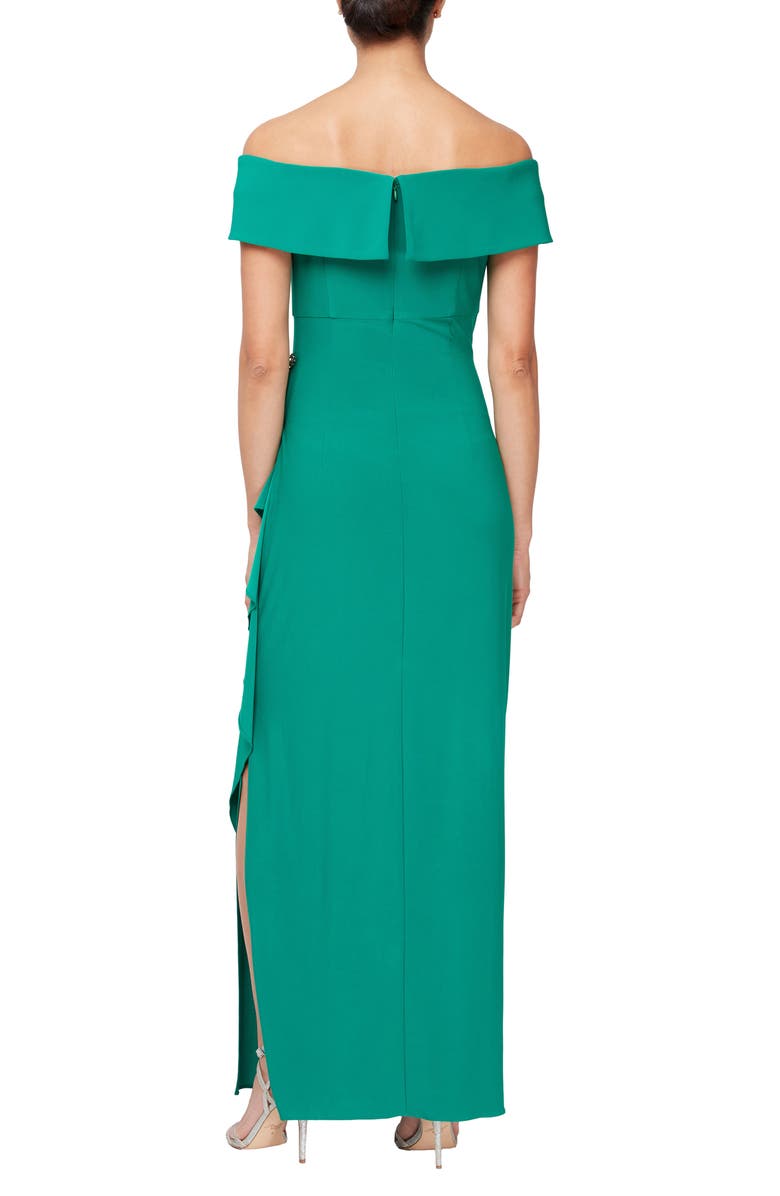 Off-the-Shoulder Column Gown with Pleated Bodice Dark Green